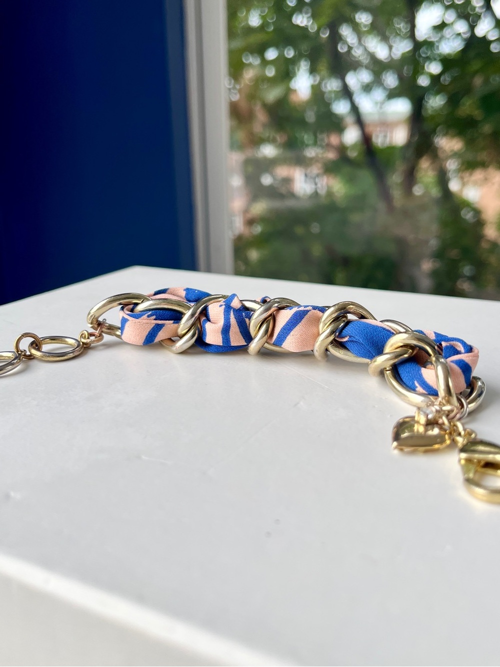 100% Silk & Gold-Tone Metal Bracelet w/ Gold Heart Charm and CZ Stone Accent